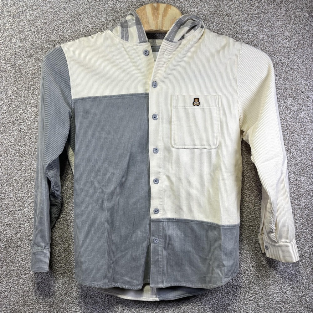 Teddy Fresh Shirt Mens Medium Beige Gray Colorblock Long Sleeve Hooded Button Up